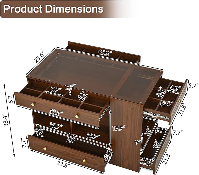 Merax Closet Island with 6 Drawers Wardrobe Armoire Bedroom Island with Glass Top and Open Shelves 47.3" Jewelry Storage Vanity Island with Compartments, Cloakroom Walk-in Closet Island (Walnut)