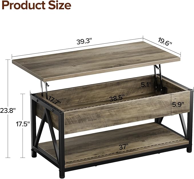 Lift Top Coffee Table,Lift Coffee Tables with Storage Shelf and Large Hidden Compartment for Living Room,Lift Tabletop Dining Center Table for Small Space, Grey