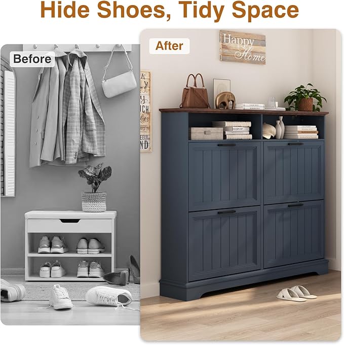 Shoe Storage Cabinet with 4 Flip Drawers, Farmhouse Modern Hidden Shoes Rack Cabinet with Adjustable Shelves & Open Storage, Narrow Slim Shoe Organizer for Front Door Entrance, Entryway, Navy Blue - Image 4