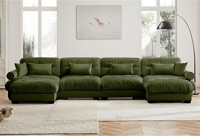 KEIKI 166" U-Shaped Oversized Velvet Modular Sectional Sofa with 2 Ottoman, High-Density Foam Cushions and Bolstered Armrests, Upholstered 4-Seater Cloud Couch with 6 Pillow, for Living Room, Green