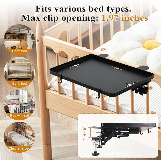 Bedside Bunk Bed Shelf for College Dorm Essentials, Bedside Caddy with Cable Catch & Bedside Organizer, Floating Nightstand for Bed Room, Office, Dorm Room, Metal Beside Tray, Bed Table, Black - Image 4