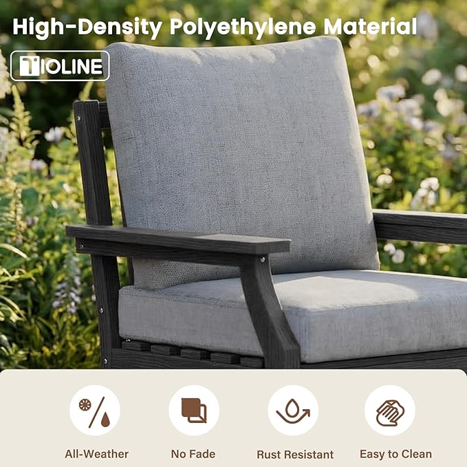 HDPE Patio Conversation Set, 6-Piece All Weather Outdoor Furniture Set with 2 Single Rocking Armchairs for Deck, Lawn, with Cushion, Black