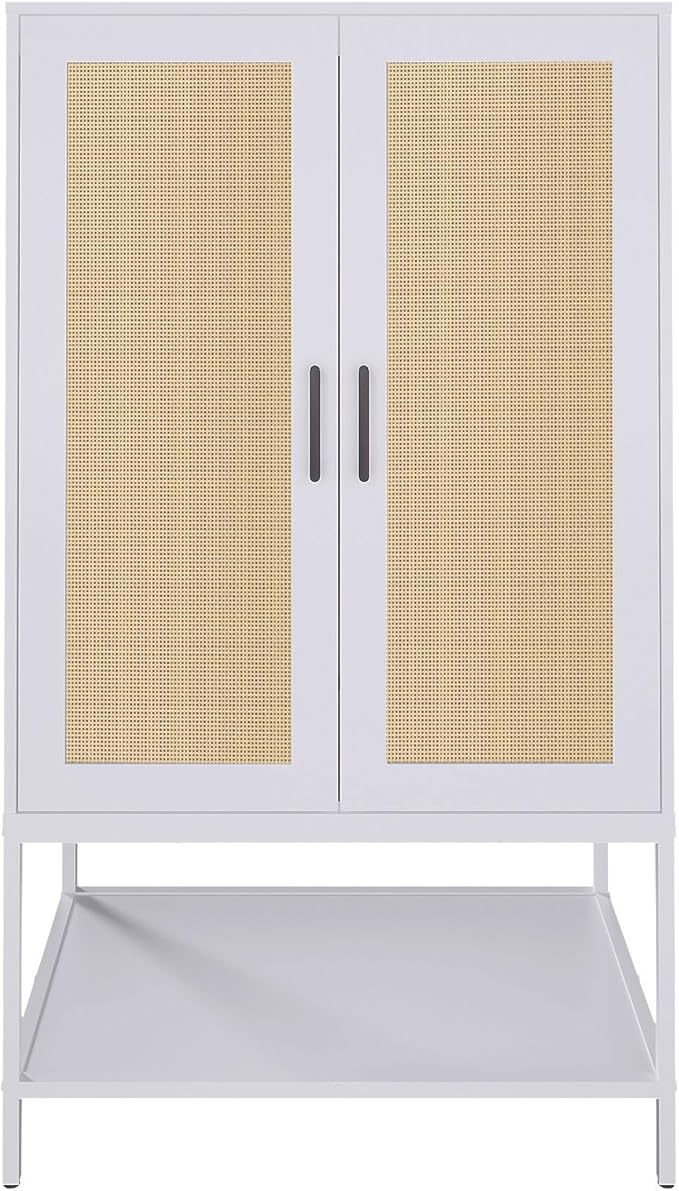 Wardrobe Closet,Rattan Bedroom Armoires with 2 Doors,Wooden Wardrobe Cabinet with Shelves and Hanging Rod for Clothes,White