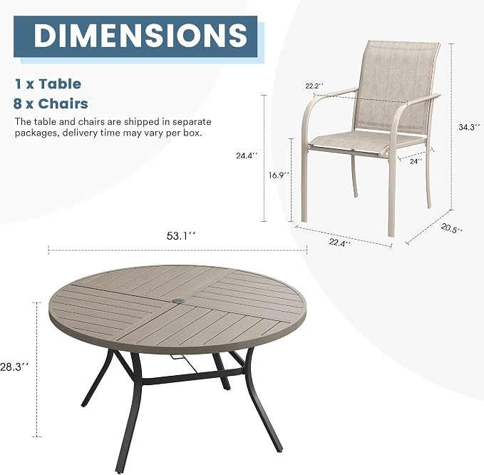 DIFY 9 Pieces Outdoor Patio Dining Set for 8, 53.1" Grey Wood-Like Round Metal Dining Table and 8 Sandshell Stackable Textilene Patio Chairs, Outdoor Table and Chairs for Backyard Garden Poolside - Image 8
