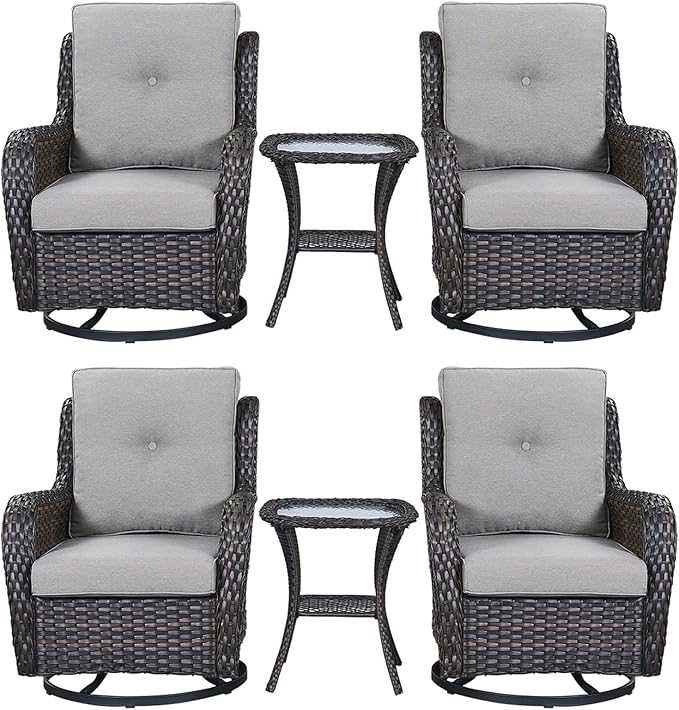 Rilyson Wicker Rocking Chair Swivel Chairs – 6 Piece Rocker Patio Furniture Set Rattan Rocking Bistro Sets with Glass Top Side Table for Outdoor Porch Deck Garden Backyard(Brown/Grey)
