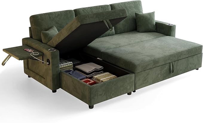L-Shape Sleeper Sofa with Storage & Ports, Pull-Out Couch Bed with Cup Holders, Side Pockets & Side Table for Living Room, Apartment, Green