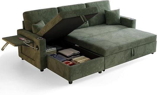 L-Shape Sleeper Sofa with Storage & Ports, Pull-Out Couch Bed with Cup Holders, Side Pockets & Side Table for Living Room, Apartment, Green