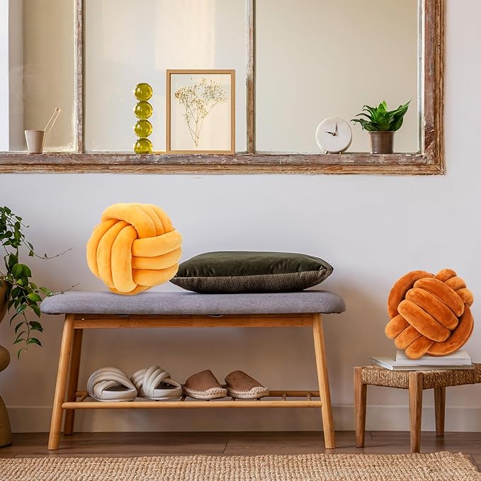 Namalu 2 Pcs Soft Knot Pillow Ball, Decorative Round Throw, Soft Knotted Plush Pillows, Handmade Stuffed Ball Pillows Cushion for Bedroom Sofa Couch Home Decor(7.87 Inches,Caramel Color)