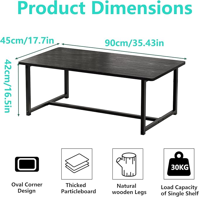 Coffee Table Living Room, Modern Center Table Rectangular, Industrial Furniture, Sofa End Tables/Tea Table/Table Basse De Salon with Metal Black Frame Black Top