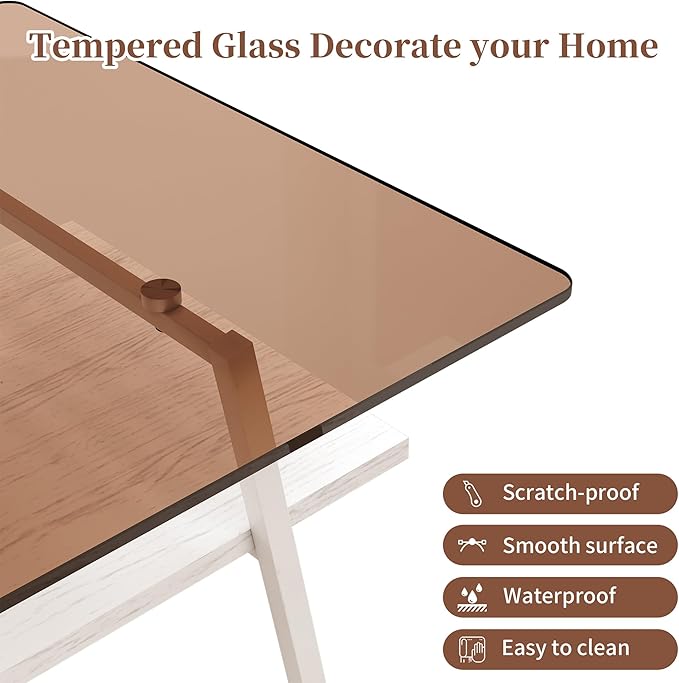 IANIYA Glass Coffee Table for Living Room Small Gold Mid Century Coffee Table for Living Room with Wood Shelves (White Frame, Brown Glass + White Wood)