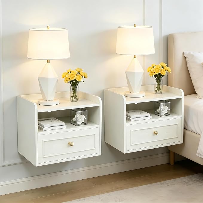 Floating Nightstand with Charging Station Set of 2, Modern Wall Mounted Bedside Tables with Drawer & Open Shelf, Modern Hanging Table with USB & Type C Ports for Bedroom, Small Spaces (AntiqueWhite) by VDNEND