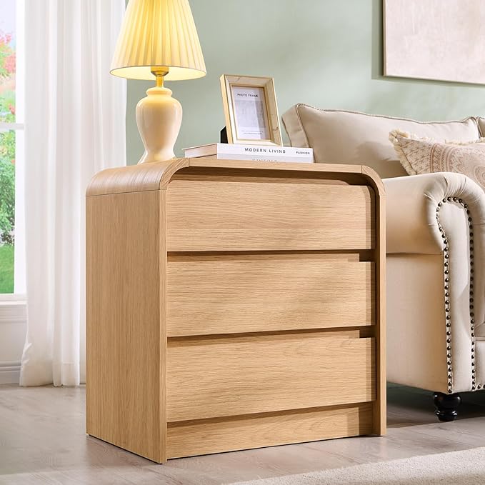 Aitjunz 25" Tall Modern Nightstand Set of 2, 23.6" Wide Wood Bedside Table with Charging Station, 3 Storage Drawers Side Table w/Curved Profile Design,End Table for Bedroom, Natural Oak - Image 2