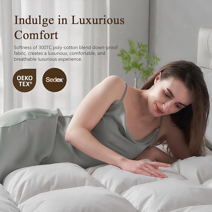 BPC Goose Feather Down Fiber Comforter Oversized King - 100% Organic Cotton Cover, 750 FP Cloudy-Fluffy Duvet Insert for All-Season, White, 120x98 Inches