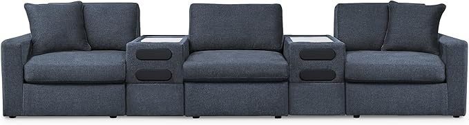 Signature Design by Ashley Modmax Contemporary Stain Resistant 5-Piece Sectional with Audio Consoles, Armrest, Throw Pillows and Reversible Cushions, Blue