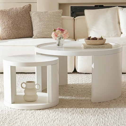 Round Nesting Coffee Table Set of 2, White Coffee Table, 31.5" Large & 18" Small Low Tables with Wood Top, Center Table for Living Room, Bedroom, Minimalist Center Table Set