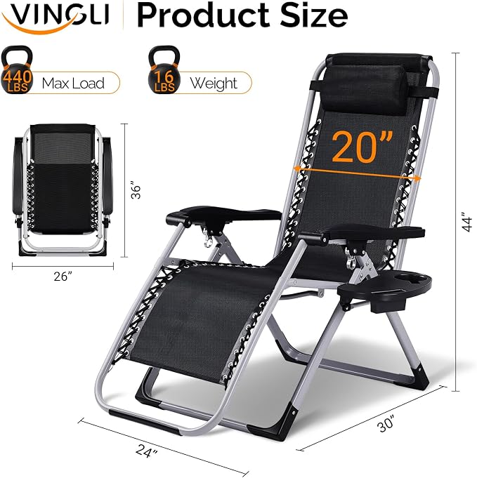 VINGLI Padded Zero Gravity Chair, Lounge Chair with Removable Cushion & Tray， Folding Reclining Patio Chairs， Recliner Chair for Lawn，Indoor and Outdoor-Blue - Image 5