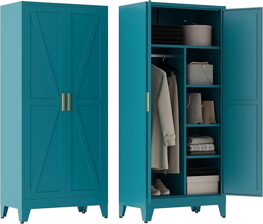 71" Tall Metal Armoire Wardrobe Closet, Clothing Storage Cabinet, Freestanding Wardrobe Cabinet with 4 Adjustable Shelves for Bedroom, Office, Garage