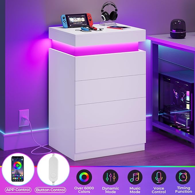 ADORNEVE White Night Stand with Drawers and LED Lights,Tall Nightstand with Sliding Top,Bedside Table with Charging Station,Modern End Side Table for Bedroom, 15.7" D x 17.7" W x 31.1" H - Image 4