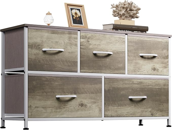 WLIVE Dresser for Bedroom with 5 Drawers, Wide Chest of Drawers, Fabric Dresser, Storage Organizer Unit with Fabric Bins for Closet, Living Room, Hallway, Greige Oak by WLIVE