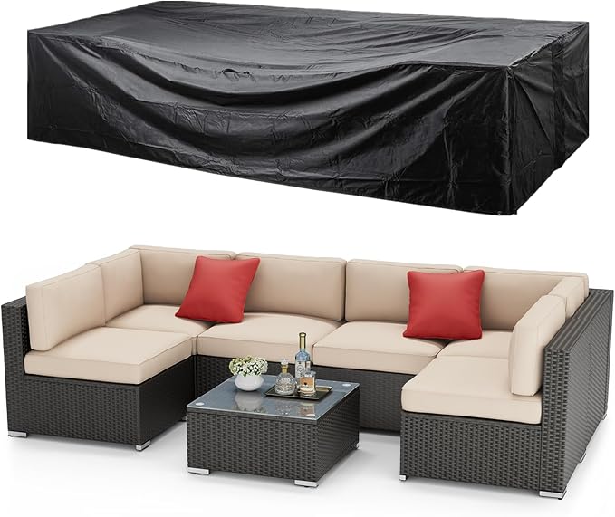 SUNCROWN 7-Piece Outdoor Patio Furniture Sofa Set All-Weather Wicker Sectional Conversation Set with Modern Glass Coffee Table, Cushions and A Waterproof Cover, Backyard, Garden (Brown)
