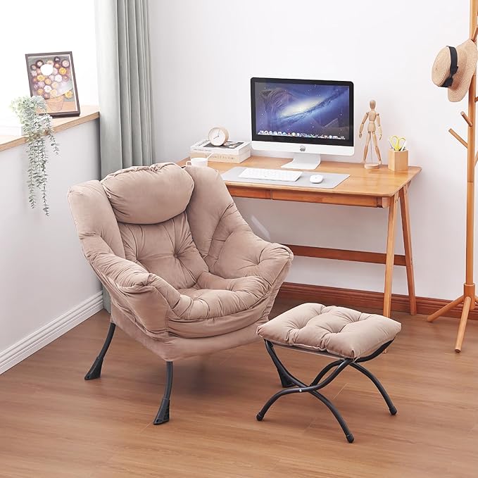 Lazy Chair and Ottoman, Large Velvet Brown Accent Chair with a Side Pocket, Modern Leisure Upholstered Sofa Reading Armchair with Footrest for Office, Bedroom, Living Room, Dorm Rooms, Balcony