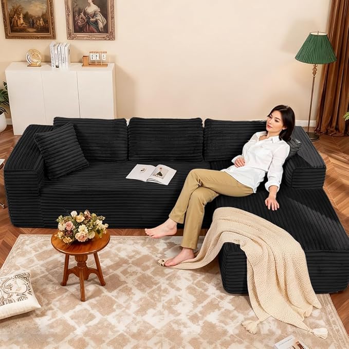 COMHOMA 105”Modular Sectional Sofa with Deep Seat,Cloud Upholstered L-Shape Couch Wide Arms Corduroy Fabric High-Density Foam Chaise Lounge for Living Room No Assembly Required