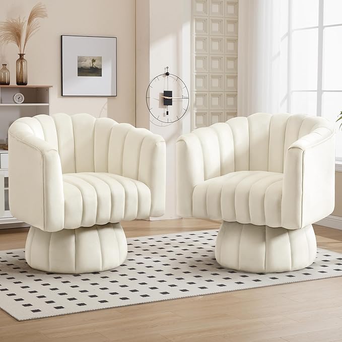 Swivel Accent Barrel Chair - Cute Comfy Small Round 360° Arm Chair Velvet Sofa Club Reading Chair for Living Room Bedroom Office Beige