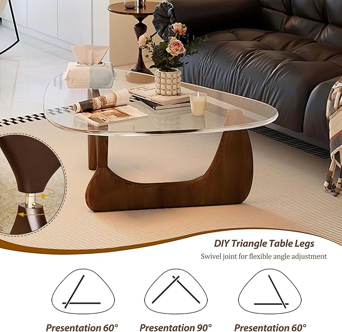 Walnut Glass Coffee Table, 35.5″ Mid Century Modern Coffee Table, Small Tea Table with Tempered Glass Top & Solid Wooden Base, Unique Center Tables for Living Room, Small Spaces