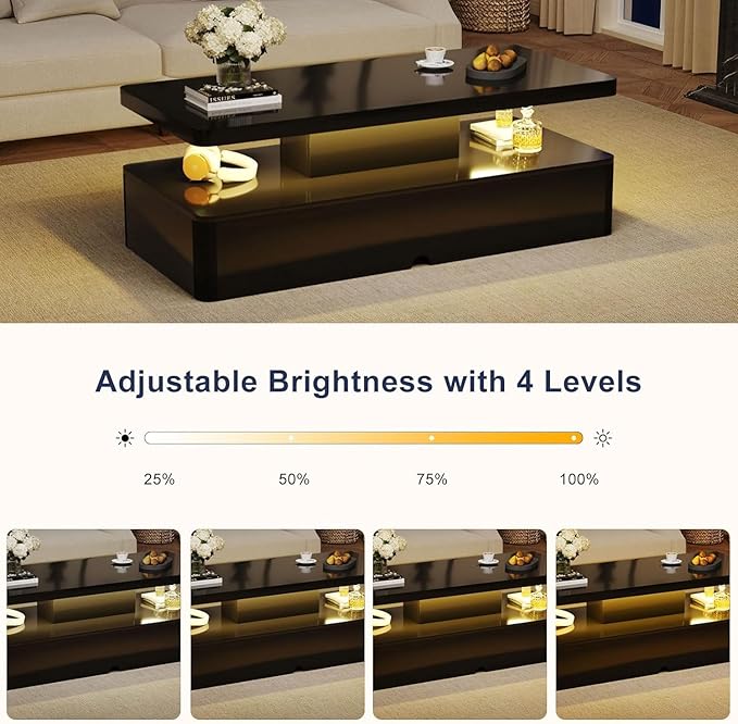 47" Modern Living Room Tables, LED Coffee Table with LED Lights, 2 Tier Rectangular Center Table with Large Storage, High Glossy Surface, Tea Table for Living Room, Black
