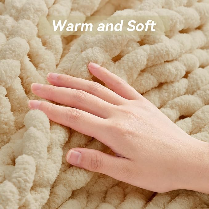 Negwoo Chunky Knit Throw Blanket, 50''*60'' Knitted Throw Chenille Yarn for Bed Couch, Handmade Oatmeal Crochet Big Thick Blanket, Machine Washable Cute Comfy Blanket for Home Decor
