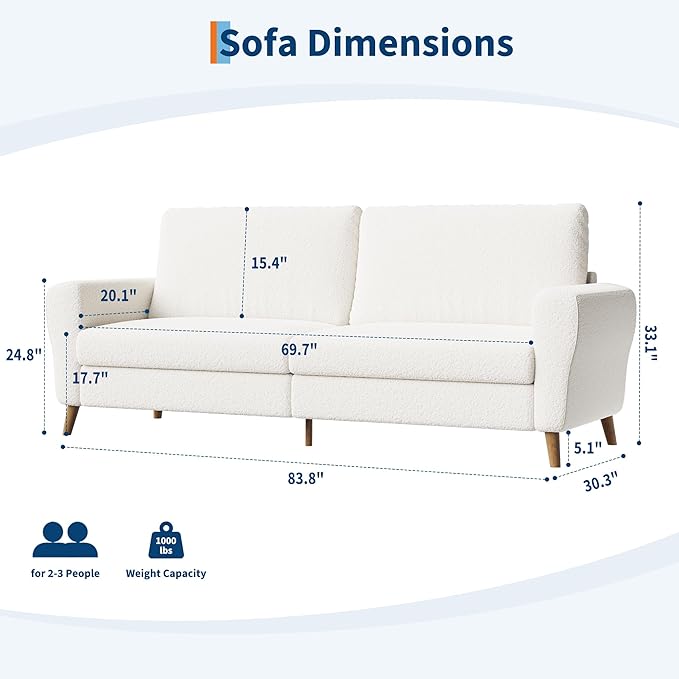 GarveeHome 84 in Sofa Couch, Large Loveseat Sofa with Wide Armrests, Deep Seats & Wood Feet, 3 Seater Modern Boucle Sofa, Comfy Couches for Living Room Bathroom Small Spaces, White