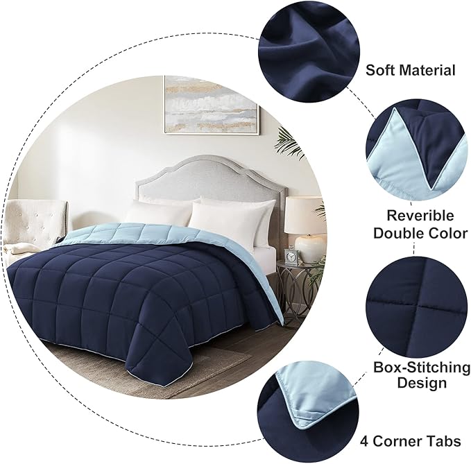 Homelike Moment Comforters Queen Size - Blue Duvet Insert Down Alternative Bed Queen Comforter, Lightweight Bedding Comforter Full Size Quilted Soft All Season Reversible Navy/Light Blue