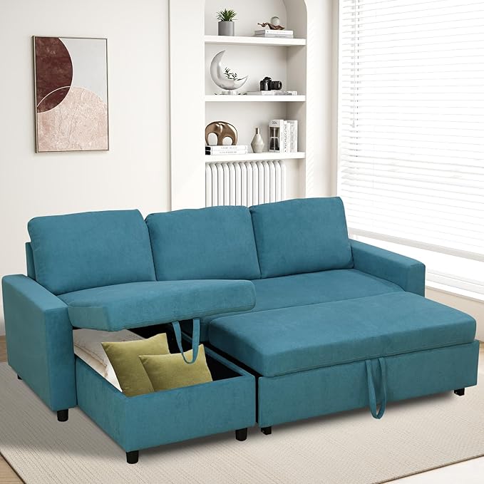 Rovibek 83" Convertible Sofa Bed Couch with Storage - 4 in 1 L Shaped Sofa with Pull Out Couch Bed for Living Room, Apartment, Office, Small Spaces, Cyan