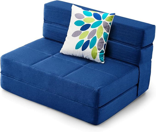 ARTPLAN Fold Sofa Bed-Sleeper Single with Pillow, Modern Futon Sleeper Chair Guest Bed with Washable Linen Cover, Foldable Mattress for Living Room, Dorm, Apartment,Dark Blue