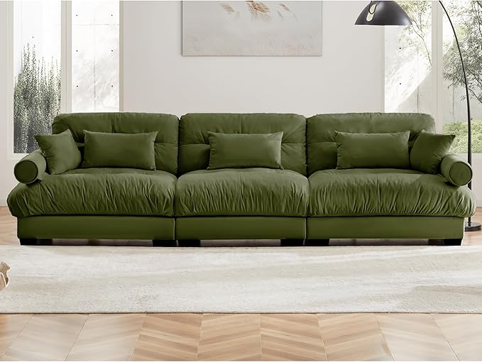 KEIKI 130" Oversized Velvet Modular Sectional Sofa with High-Density Foam Cushion and Bolstered Armrests, Upholstered Modern Style 3-Seater Cloud Couch with 5 Pillow, for Apartment, Living Room, Green