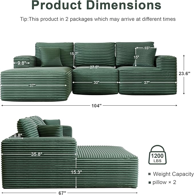 104" Modular Sectional Sofa with L-Shape Chaise, Modern Upholstered Cloud Couches for Living Room Bedroom, No Assembly Required, Green