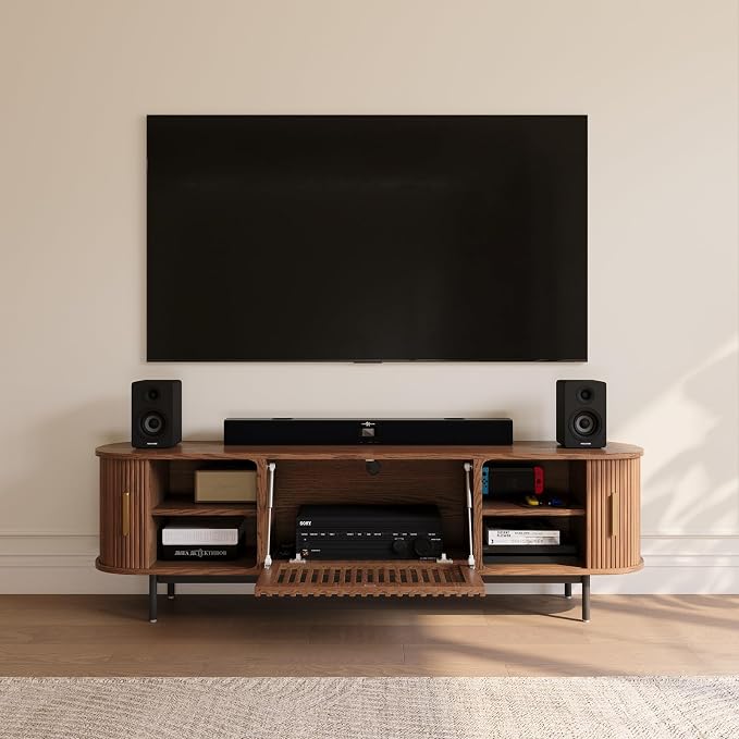 POVISON Fully-Assembled Mid Century Modern TV Stand for 65 inch TV, Sliding Door Entertainment Center with Storage, Wood TV Console, Media Console for Living Room Bedroom(Walnut, 70.87") - Image 2
