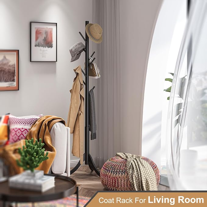 Coat Rack Freestanding, Coat Stands Entryway, Bamboo Coat Rack Hat Hanger 8 Hook for Jacket, Purse, Scarf Rack, Umbrella Tree Stand (Black) - Image 4