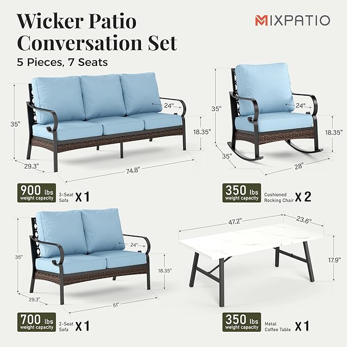 Patio Furniture Set with Coffee Table, Outdoor Conversation Set with 2 x Rocking Chairs, 1 x 2-Seat Sofa, 1 x 3-Seat Sofa for Lawn Garden Backyard, Blue