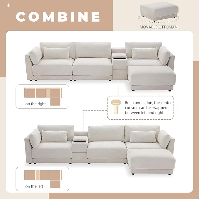 124" L-Shaped Corner Sectional Sofa with Multi-Functional Storage Console for Home Apartment, Luxury Chenille Upholstered Cloud Couches W/Wireless Charger & Ottoman