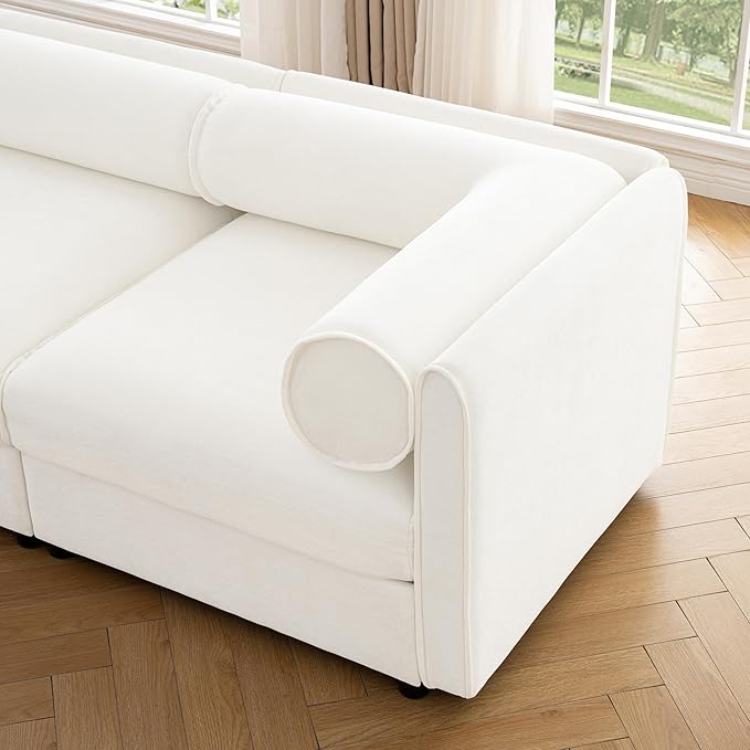 KEIKI 143" Large Modular Chenille Sectional Sofa with Storage Seat, 1 Ottoman, Modern Style 6-Seater Couch with Cylindrical Backrest and 2 Armrests, Easy Assembly, for Apartment, Living Room, White
