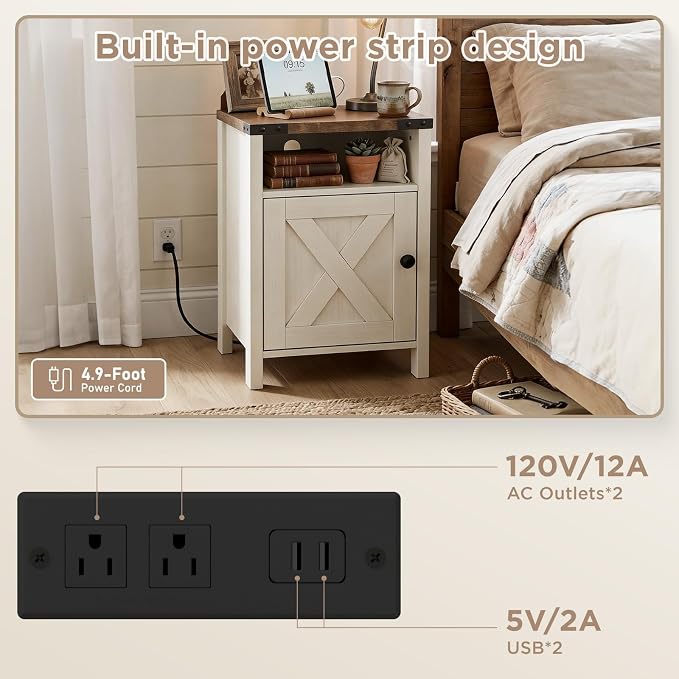 Vabches Farmhouse Nightstands Set of 2 with Barn Door, End Table with Charging Station, Rustic Bedside Table with Storage and Open Compartment for Bedroom, White - Image 8