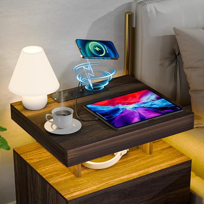 HOMMPA LED Nightstand Set of 2, Night Stand with Wireless Charging Station & USB Ports, High Gloss Bedside Table with LED Light Adjustable Brightness, Smart Nightstand 2 Drawers for Bedroom Walnut - Image 3