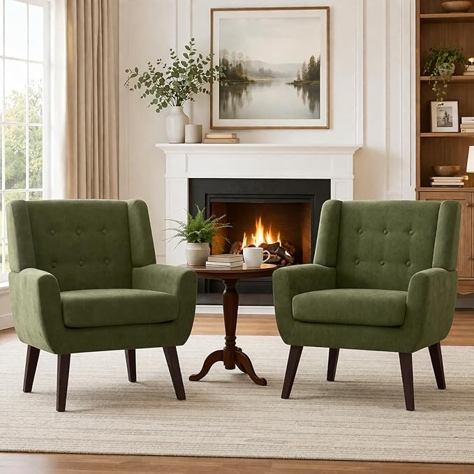 HUIMO Living Room Accent Chair Set of 2, Upholstered Button Tufted Armchair with Wooden Legs, Fabric Sofa Chairs for Bedroom, Living Room, Mid-Century Modern Comfy Reading Chair 2 PCS Green