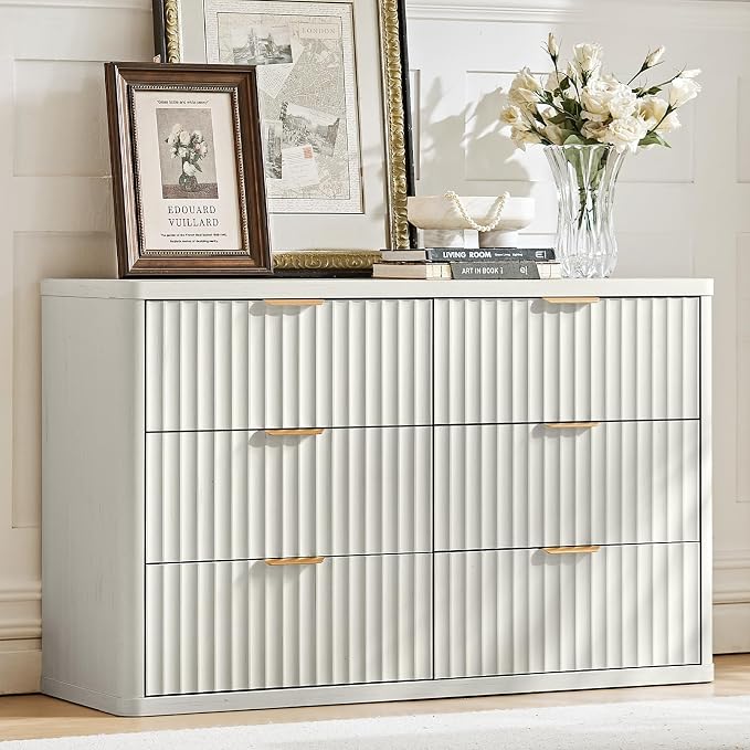 LEYAOYAO Fluted 6 Drawers Dresser Set of 2, 48" Wide Modern Chest of Drawers with Wood Grain Top, Curved Profile Design, Dresser TV Stand, Wooden Drawer Organizer for Bedroom, Living Room, White - Image 2