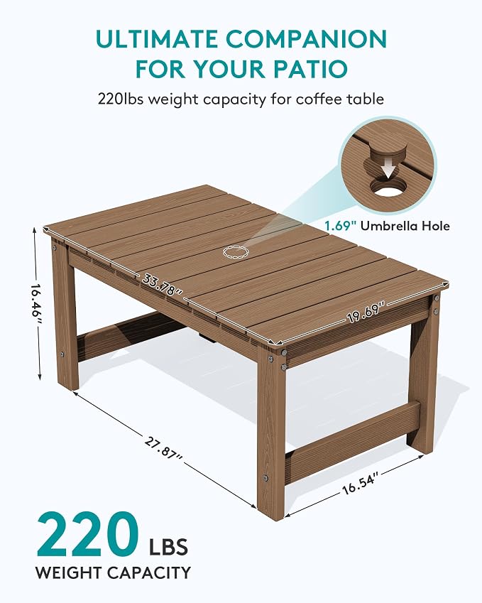 SERWALL Outdoor Coffee Table with 1.69" Umbrella Hole, HDPE Patio Coffee Table for Outside, Rectangle, Brown - Image 3