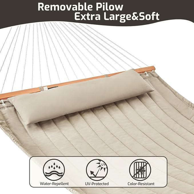 CHULIM Double Quilted Fabric Hammock with Hardwood Spreader Bars and Pillow 450 LBS Capacity 2 Person Large Hammock for Outdoor Patio Backyard Poolside - Tan - Image 4