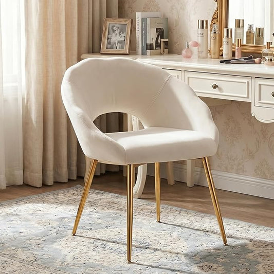 Modern Vanity Chair, Living Room Chair with Gold Metal Legs,Velvet Dining Chair, Comfy Accent Chair for Makeup Room, Waiting Room, Dressing Room, Bedroom, Dining Room, Home Office (1, Beige)