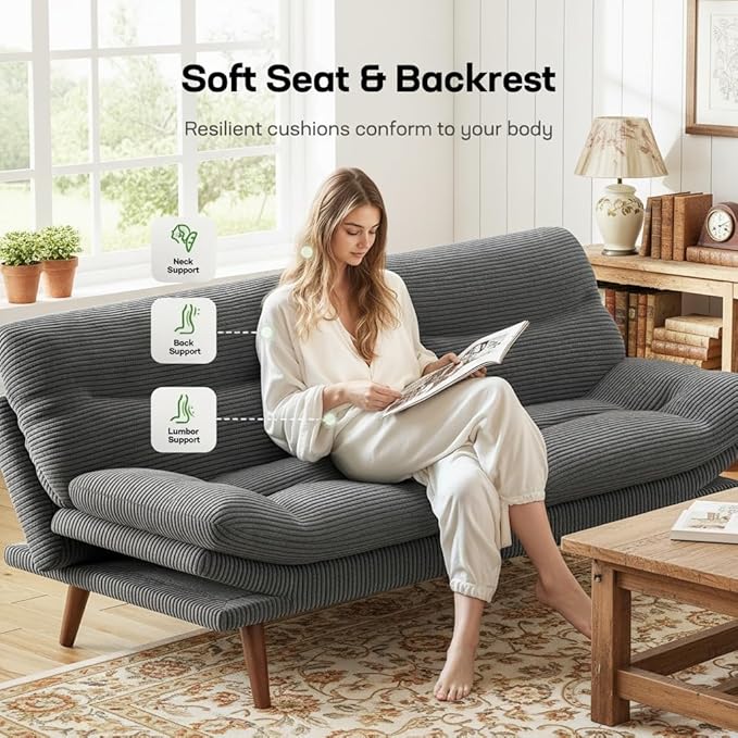 Marsail 75" Futon Sofa Bed, Convertible Corduroy Futon Couch with Adjustable Backrest & Armrests, Small Sleeper Sofa Loveseat for Living Room, Apartment, Office, Grey