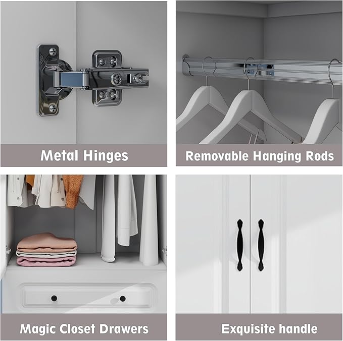 Wooden Armoire Wardrobe Closet：Modern Armoire Wardrobe Closet with 2 Doors, 2 Drawers and Hanging Rods for Tall Cabinet, Large Capacity Clothes Storage Cabinet for Bedroom Home, White